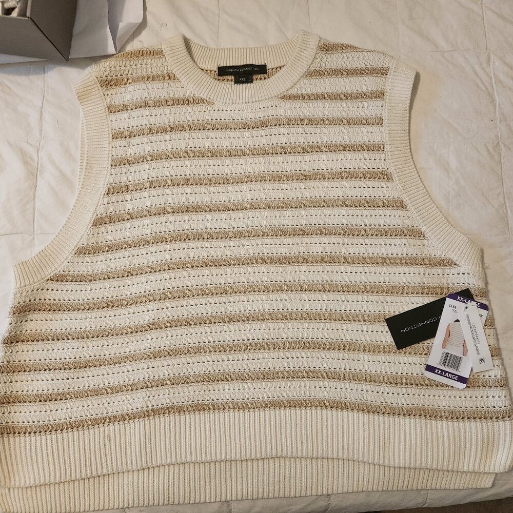 NWT Tan Metallic and Ivory Neutral Stripe Open Weave Vest XXL Classy Old Money